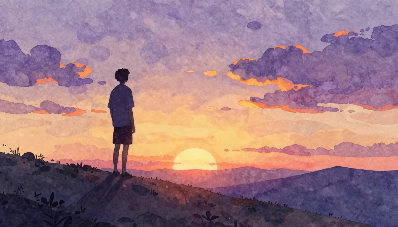 Watercolor style. Stylized silhouette of a person on a hill ...