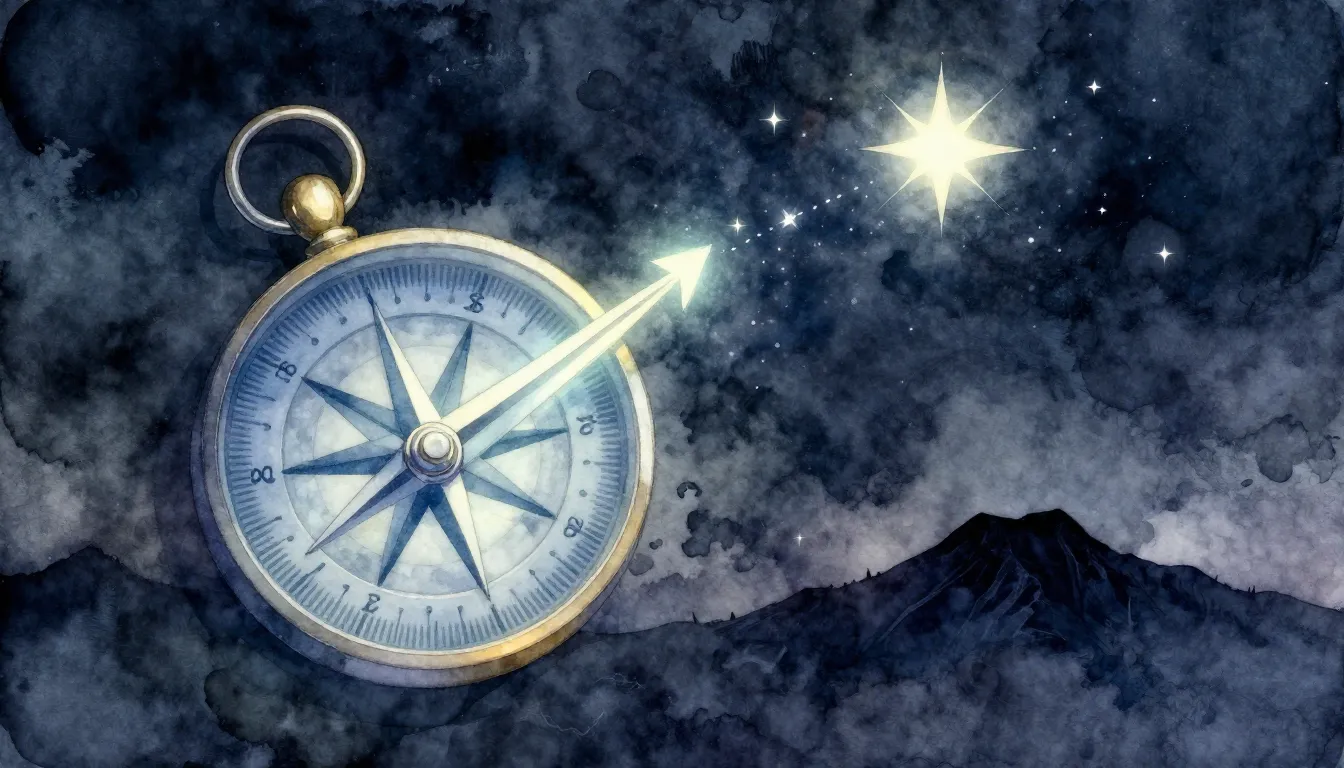 Watercolor style. A glowing compass pointing towards a brigh...