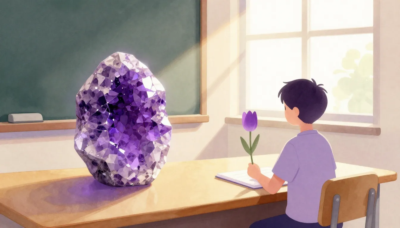 Watercolor style. A glowing purple amethyst stone on a teach...