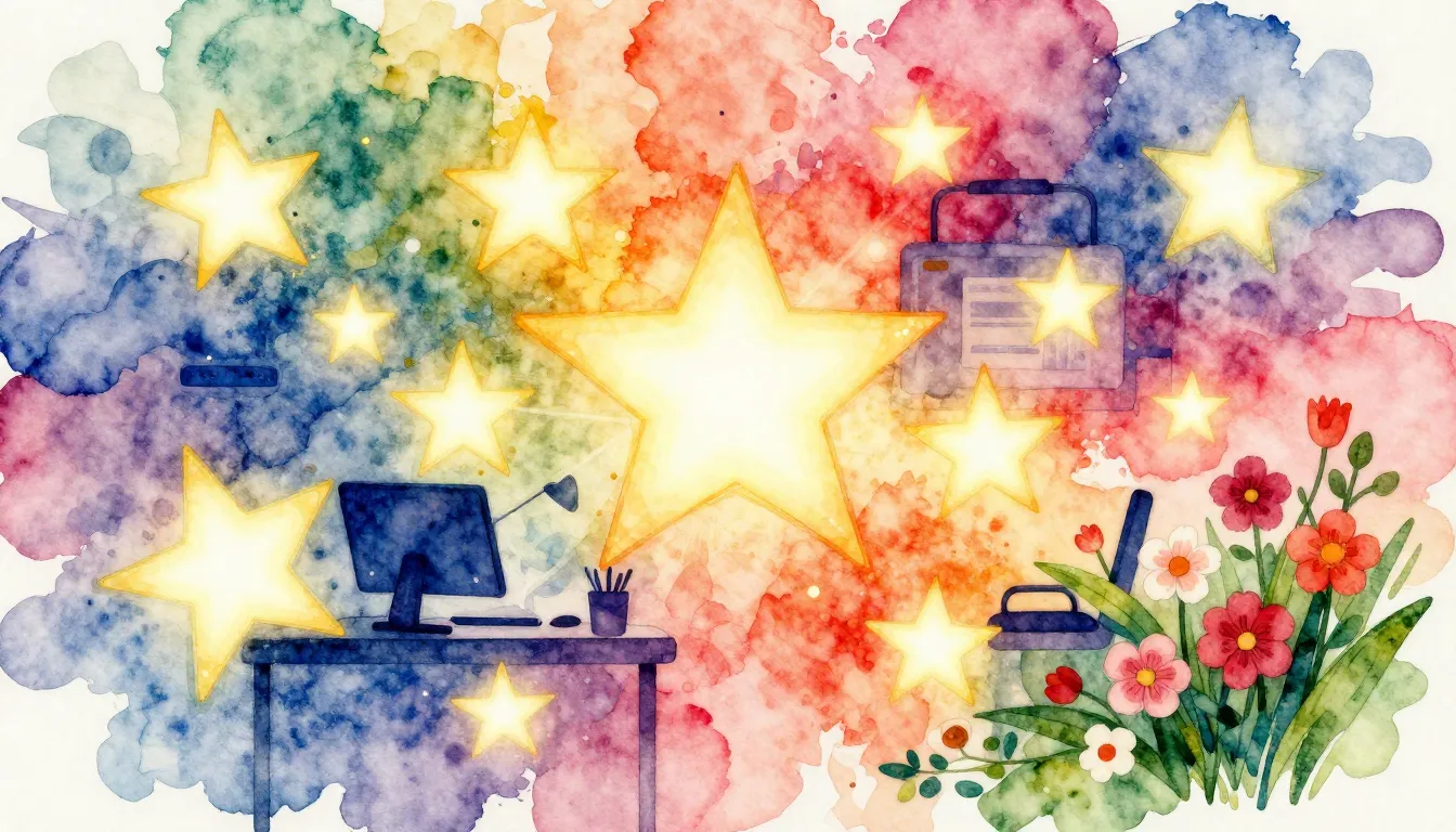 Vibrant watercolor style. Rock album cover: 16 glowing stars...