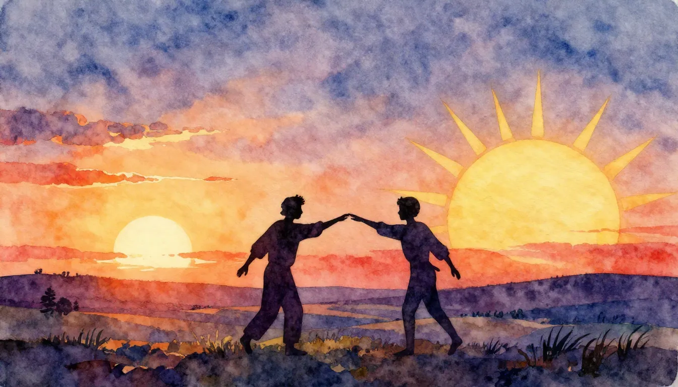 Vibrant watercolor style. Folk song album cover, two silhoue...