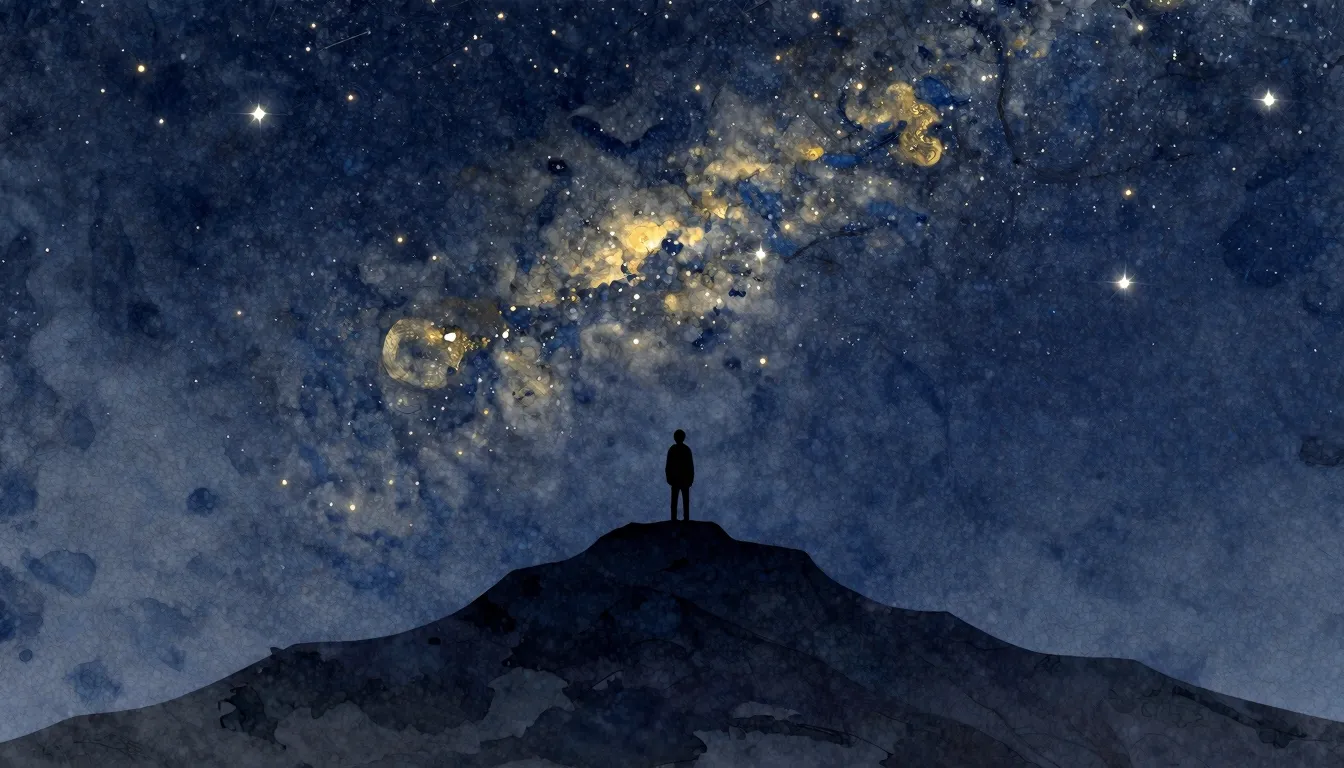 Watercolor style. A dark silhouette of a person standing on ...