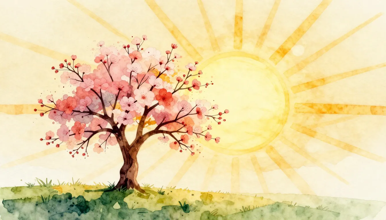Watercolor style. A bright spring landscape with a silhouett...