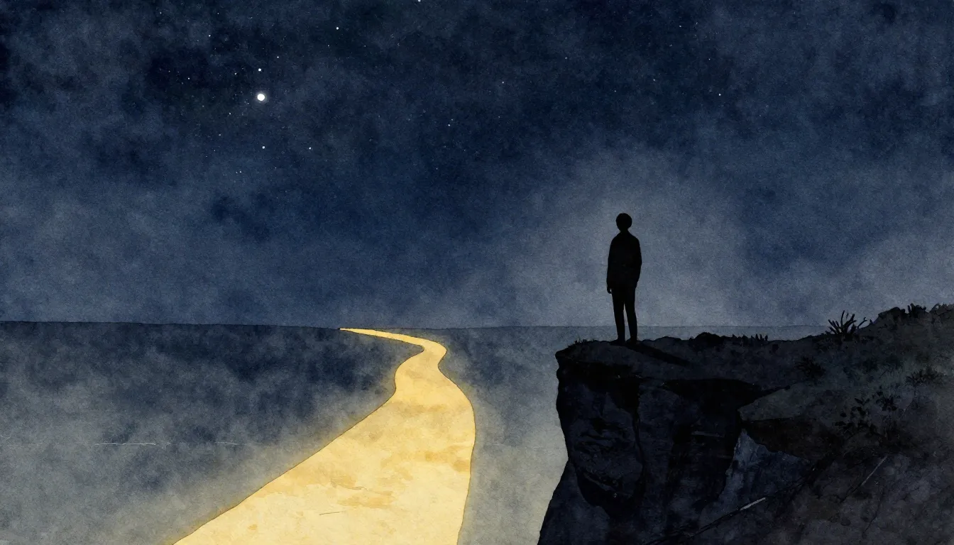 Watercolor style. A dark silhouette of a person standing on ...