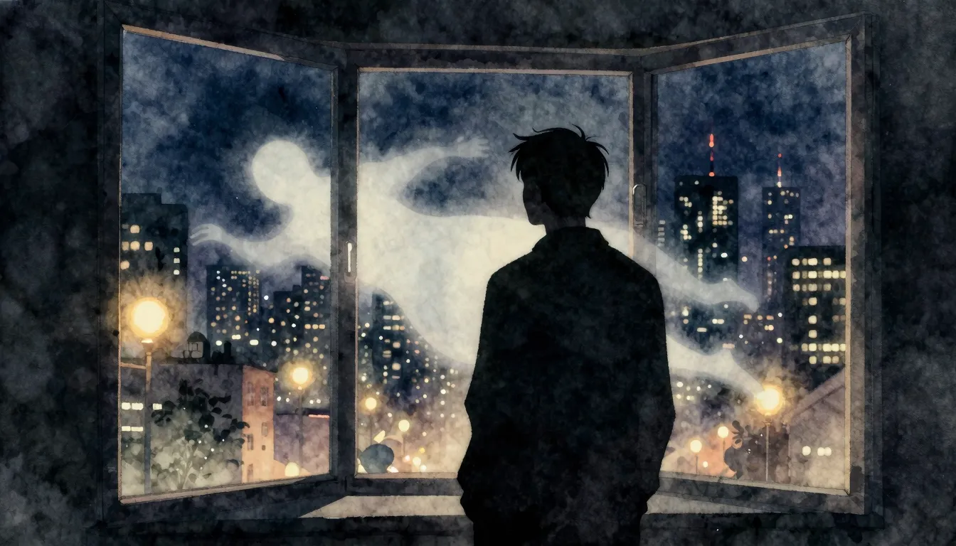 Watercolor style. Dark silhouette standing before a three-wa...