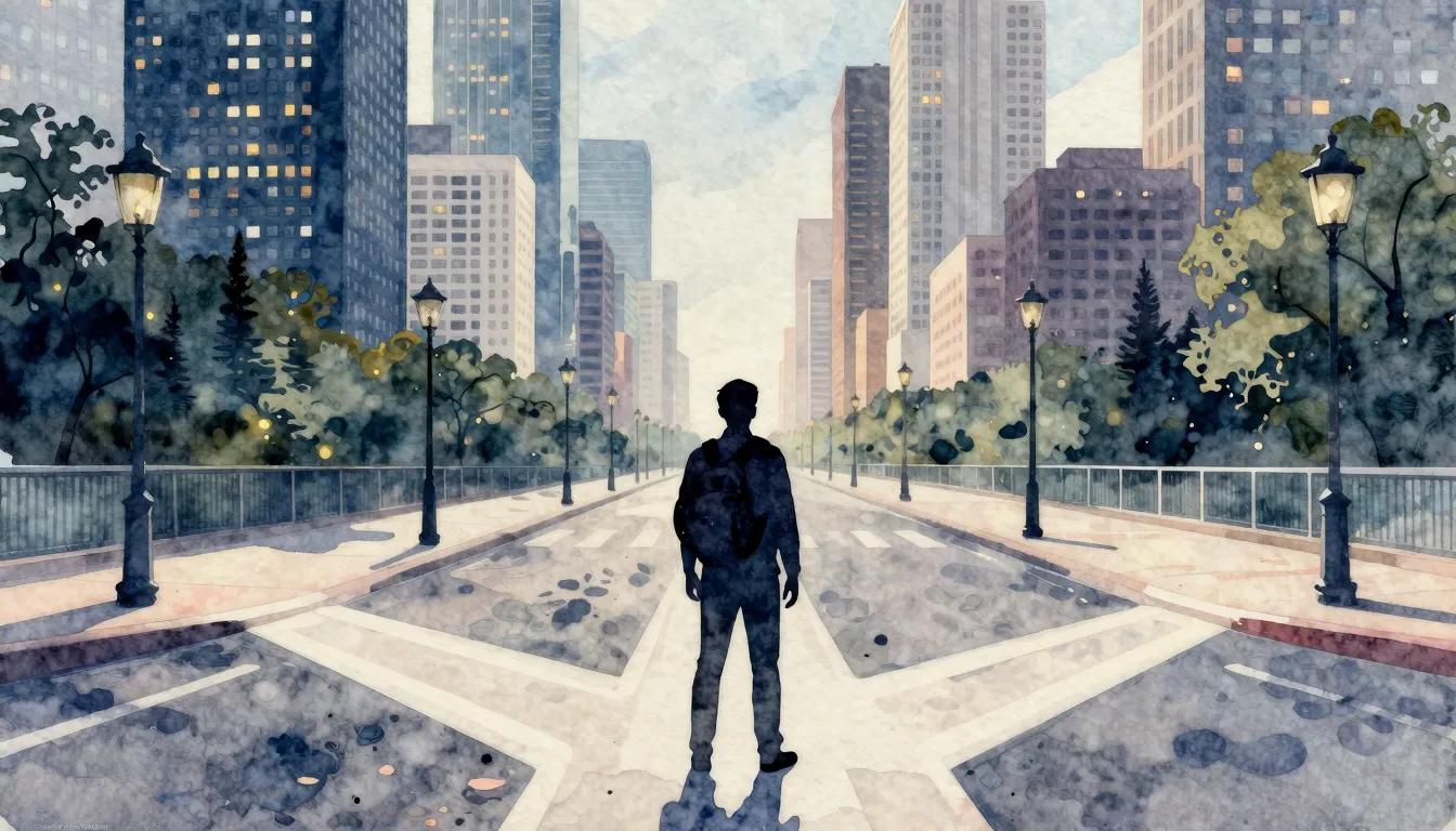 Watercolor style. A stylized silhouette of a traveler standi...