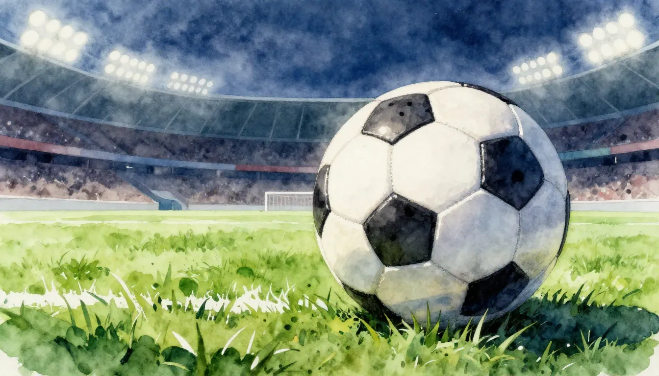 Watercolor style. Close-up of a soccer ball on a lush green ...