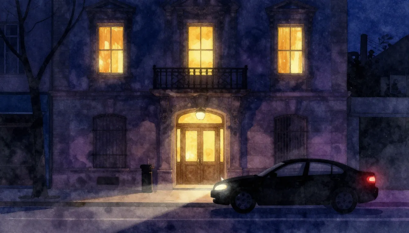 Watercolor style. Night city street, silhouette of a car wit...