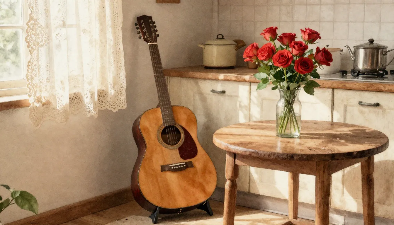 Watercolor style. Warm cozy kitchen interior, vintage guitar...