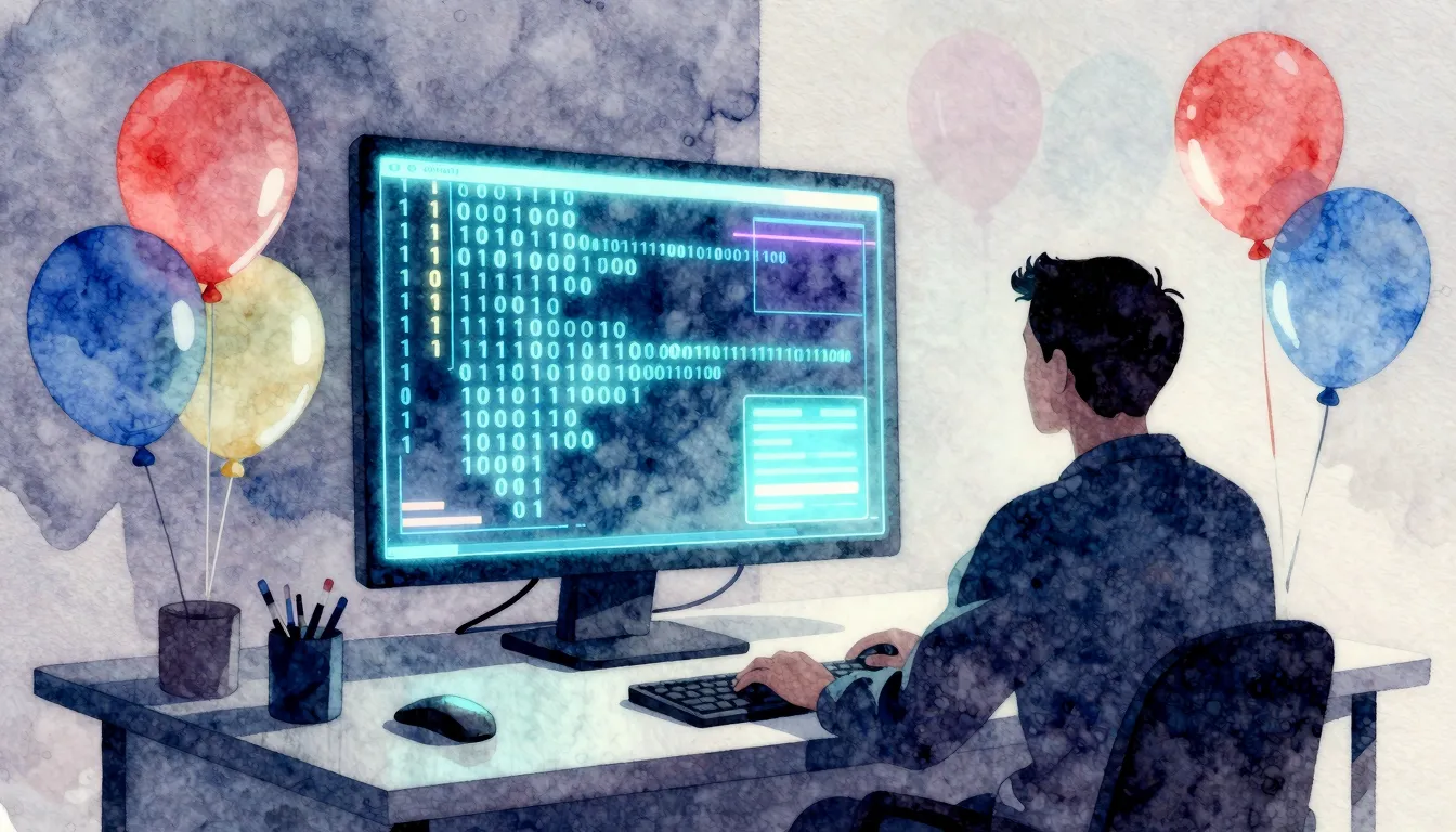 Watercolor style. A glowing computer screen showing binary c...