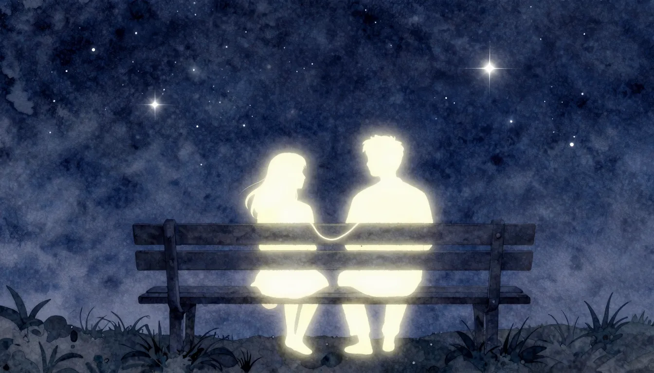Watercolor style. Two glowing silhouettes sitting together o...