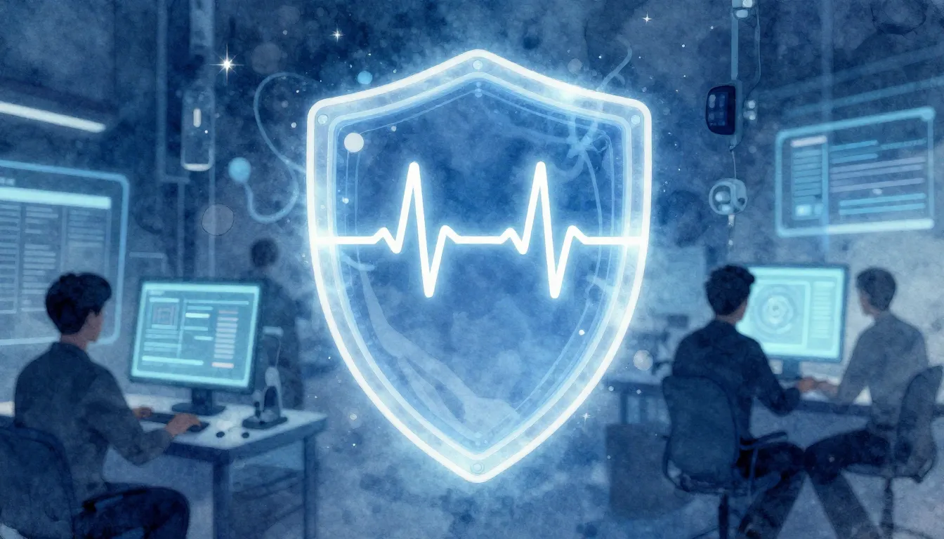 Watercolor style. A digital glowing shield protecting a medi...