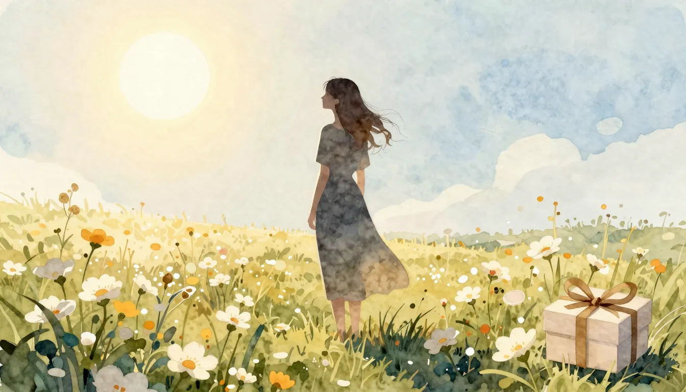 Watercolor style. A silhouette of a woman standing in a fiel...