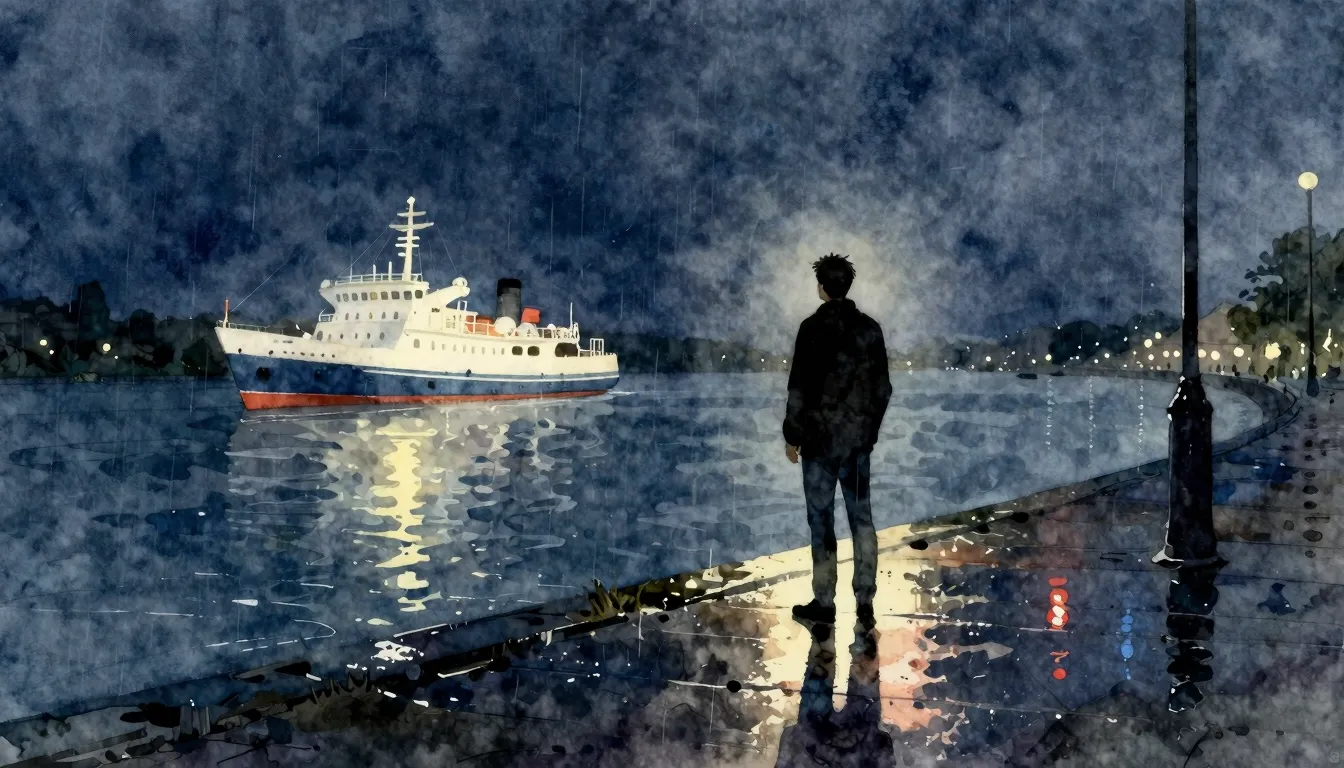 Watercolor style. A lonely silhouette of a man standing at a...