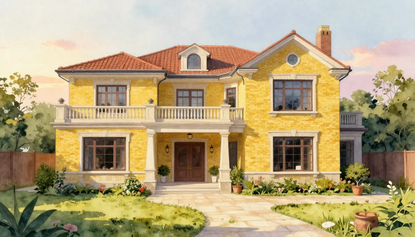 Watercolor style. A spacious 2-story yellow brick villa, ele...