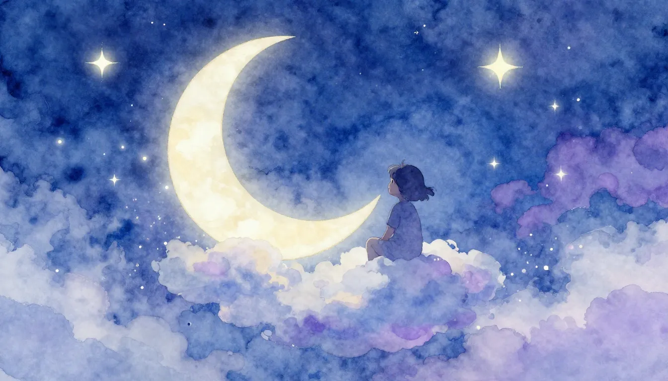 Watercolor style. A dreamy night sky with a large crescent m...