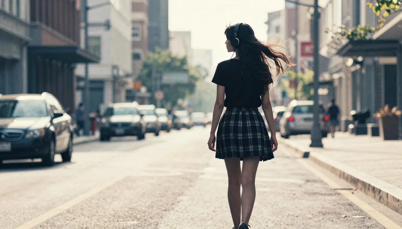 Watercolor style. Silhouette of a girl walking down a city s...