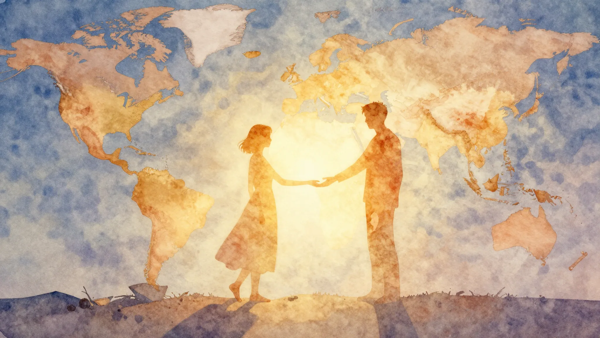 Vibrant watercolor style. A warm, comforting glow emanating ...