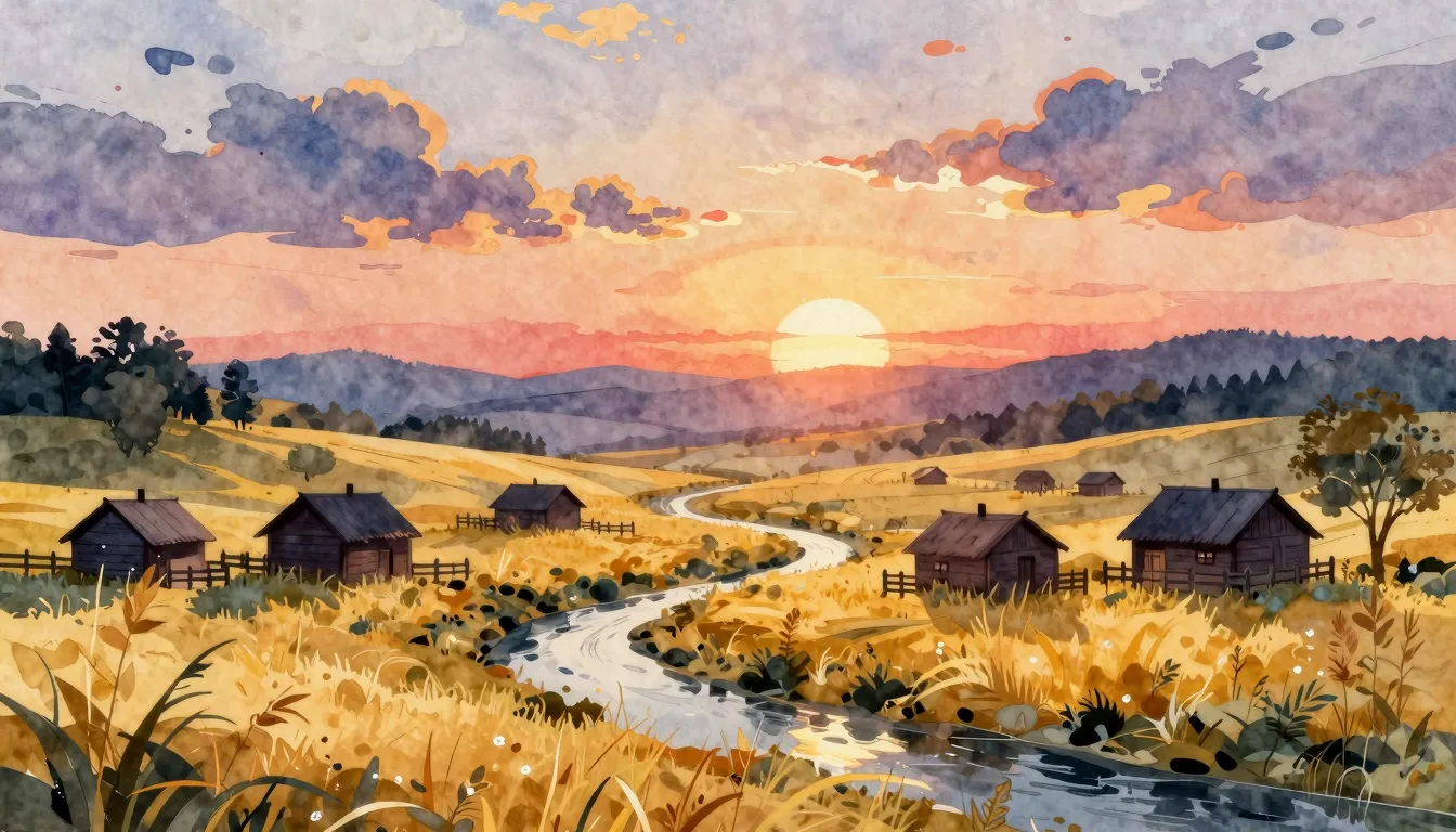 Watercolor style. Peaceful village landscape, silhouettes of...