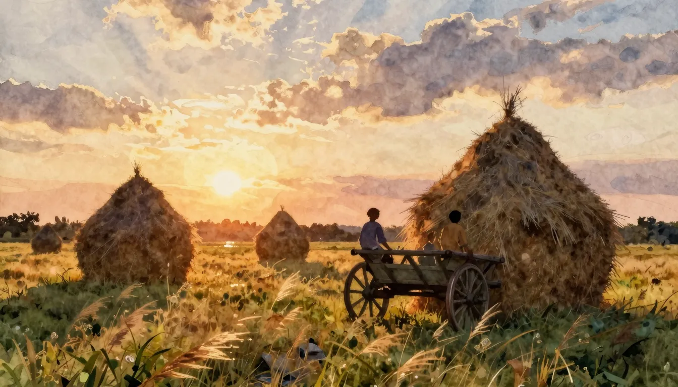 Watercolor style. A serene summer meadow at sunset, silhouet...
