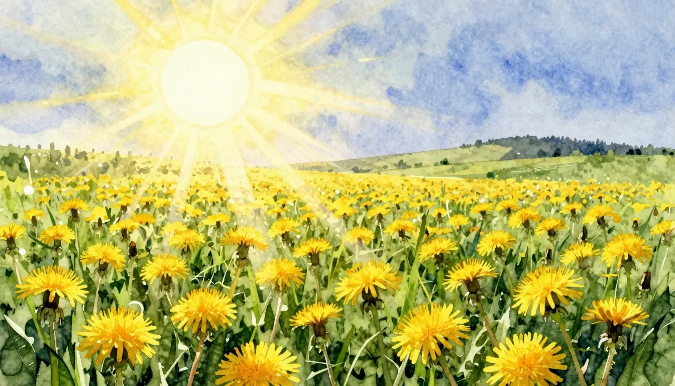 Watercolor style. A vast meadow covered in a dense carpet of...