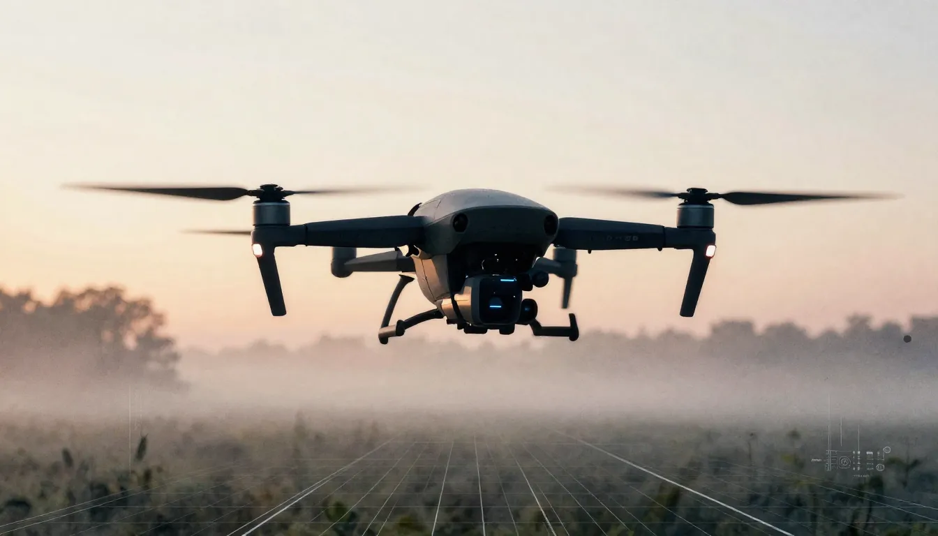 Watercolor style. Silhouette of a modern drone flying over a...