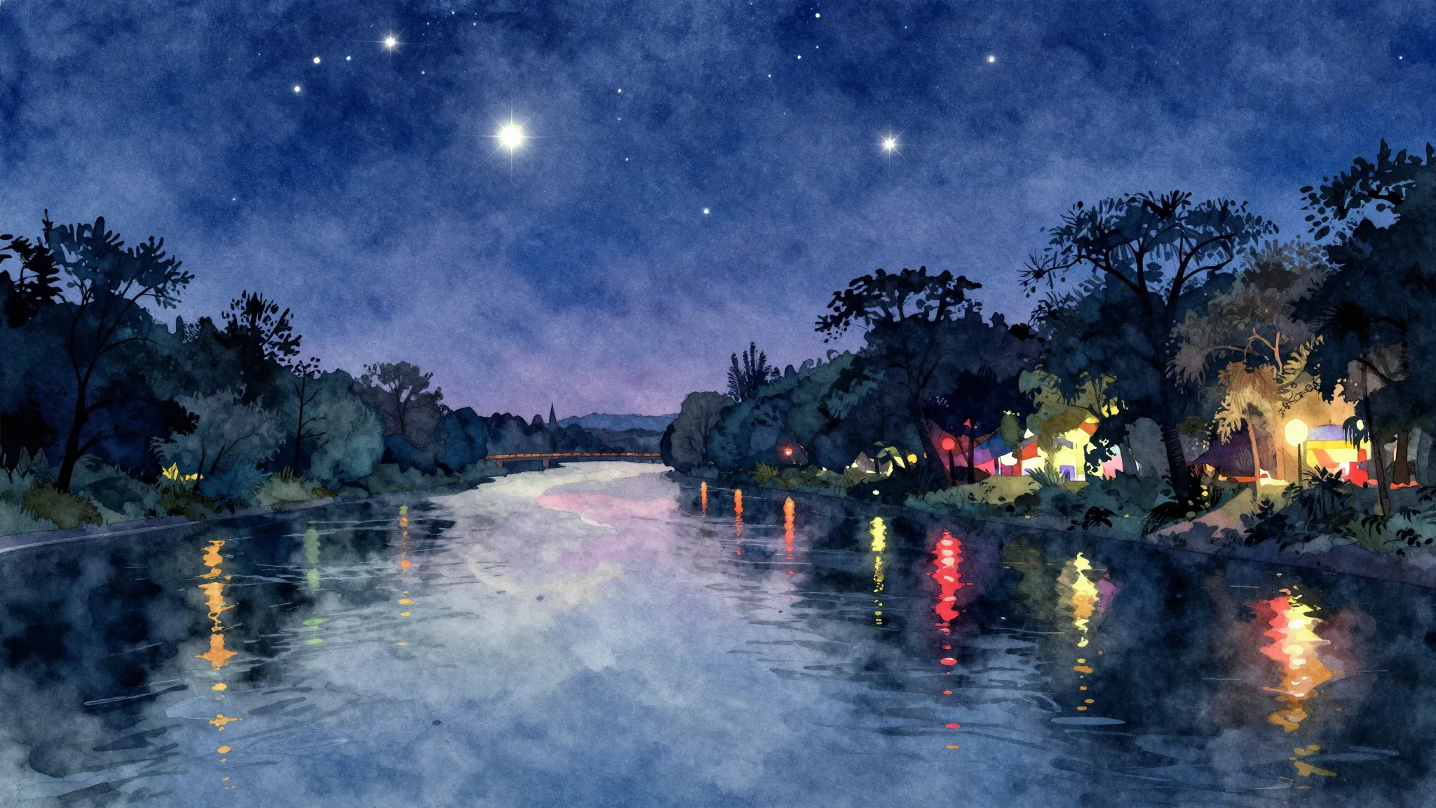 Watercolor style. A wide river at night, glowing stars in th...