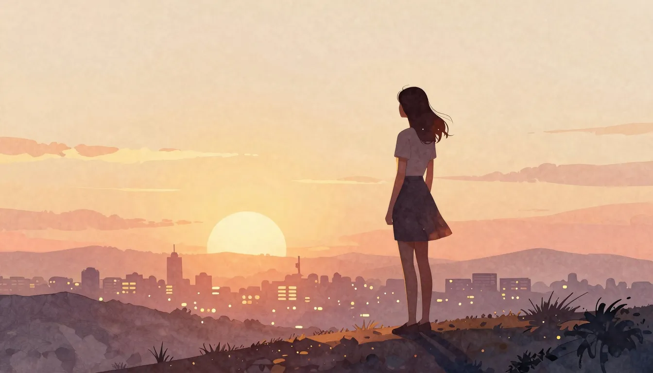 Watercolor style. A warm silhouette of a woman standing on a...