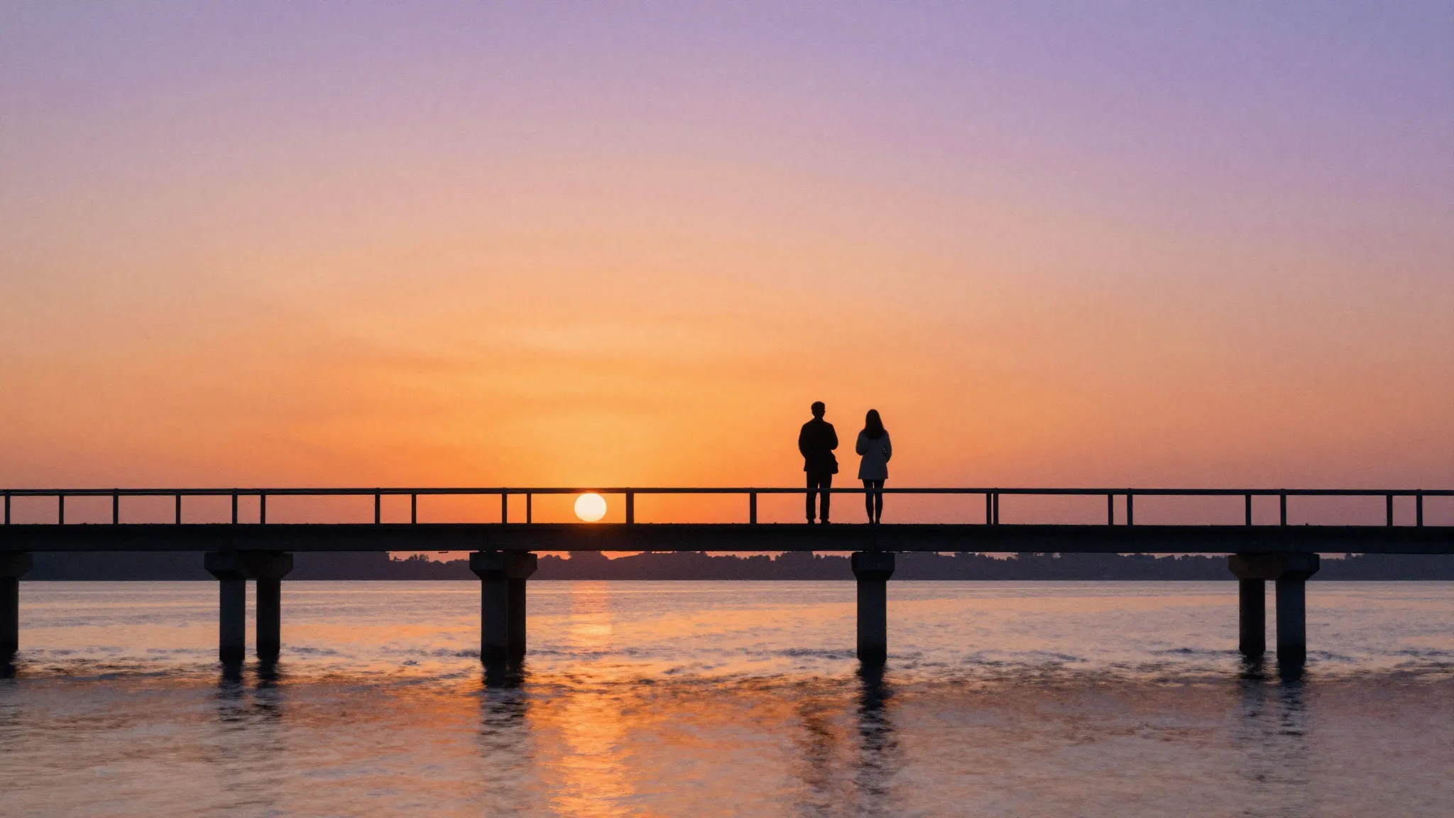 Watercolor style. A silhouette of two people standing on a b...