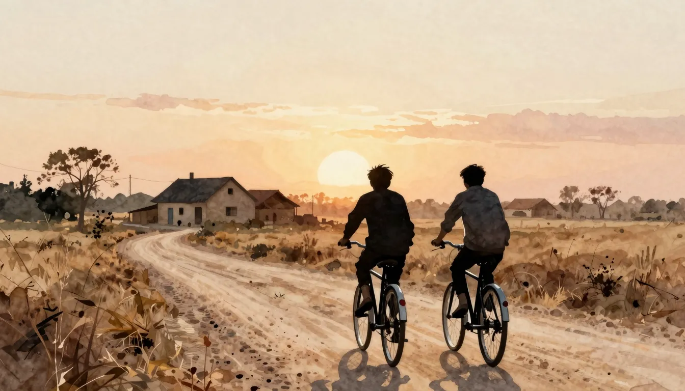 Watercolor style. Silhouettes of two brothers riding bicycle...
