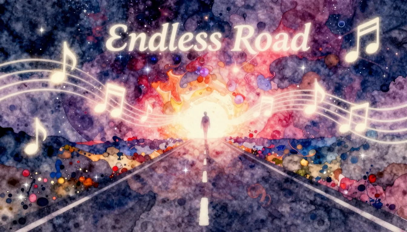 Vibrant watercolor style. Trance album cover: Endless road, ...