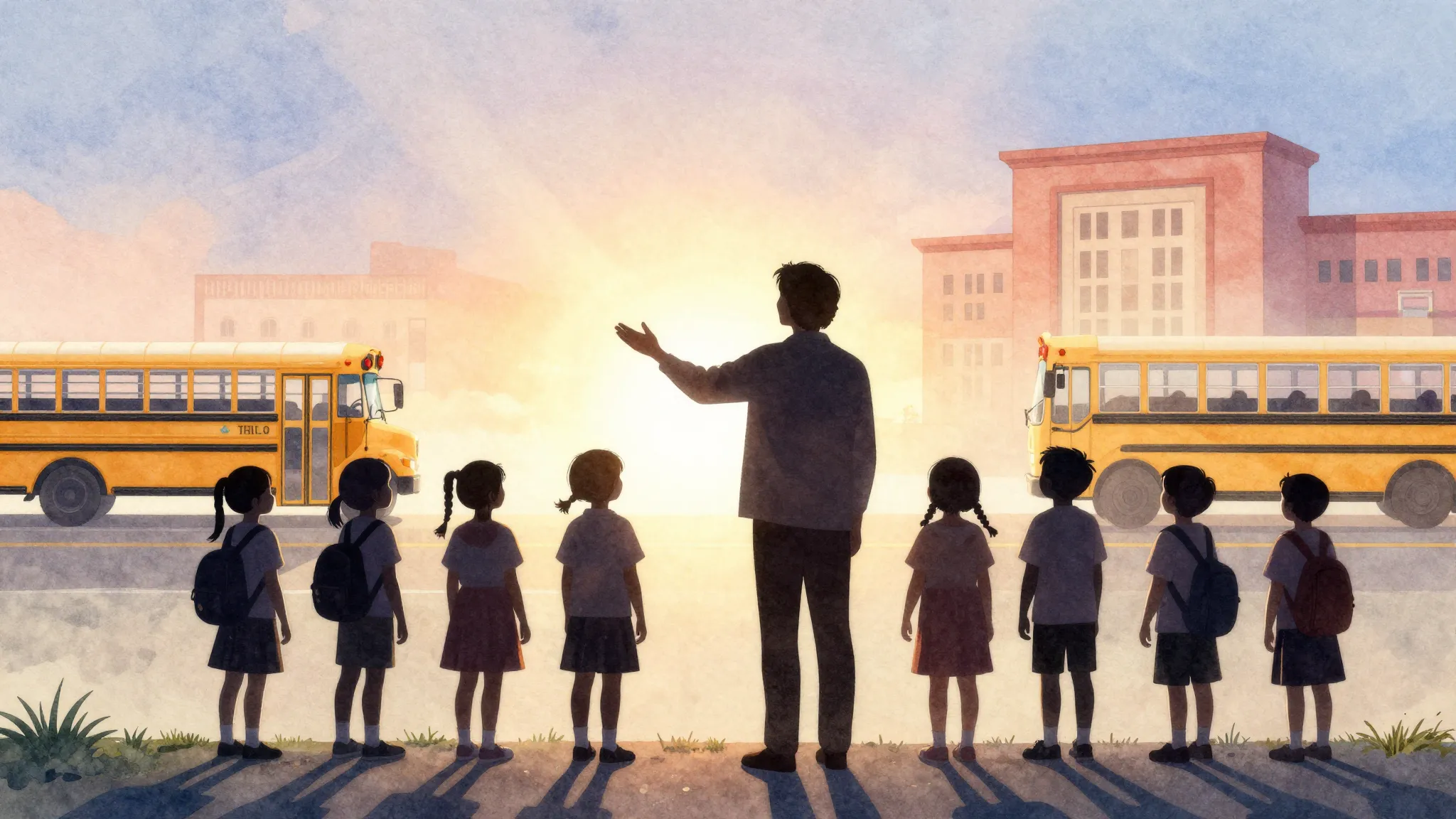 Watercolor style. A silhouette of a teacher guiding a group ...