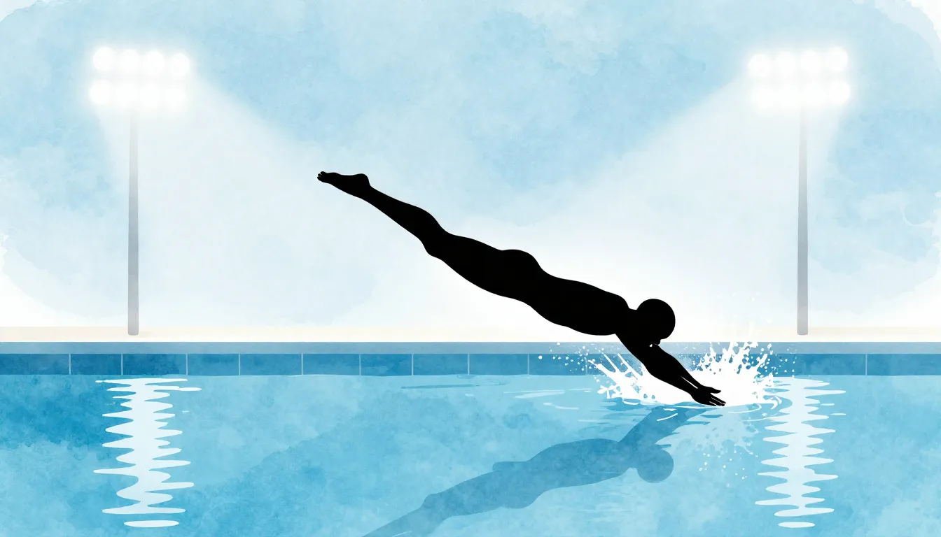 Watercolor style. Silhouette of a swimmer diving into a brig...