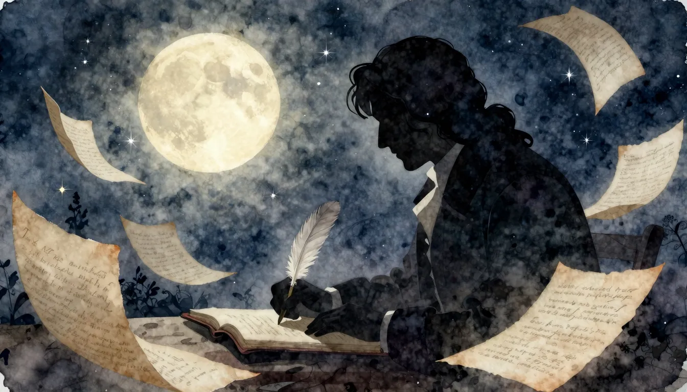 Watercolor style. A silhouette of a 19th-century poet with a...