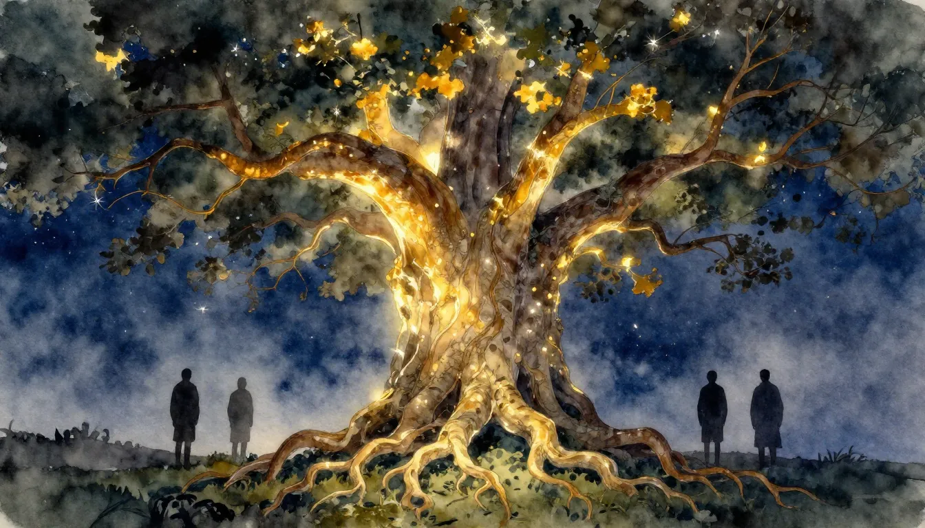 Watercolor style. A majestic ancient tree with glowing roots...