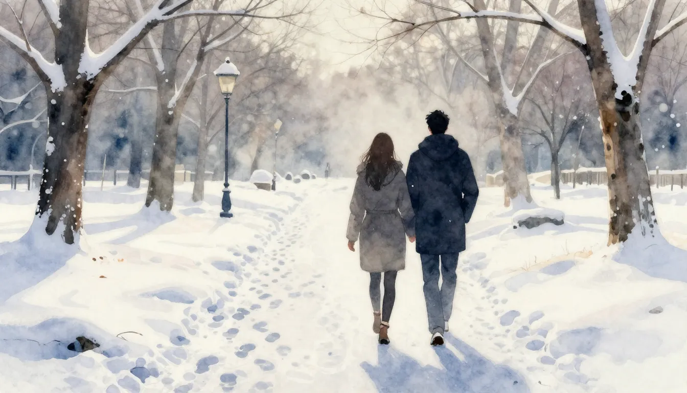 Watercolor style. Silhouette of a man and woman walking in a...