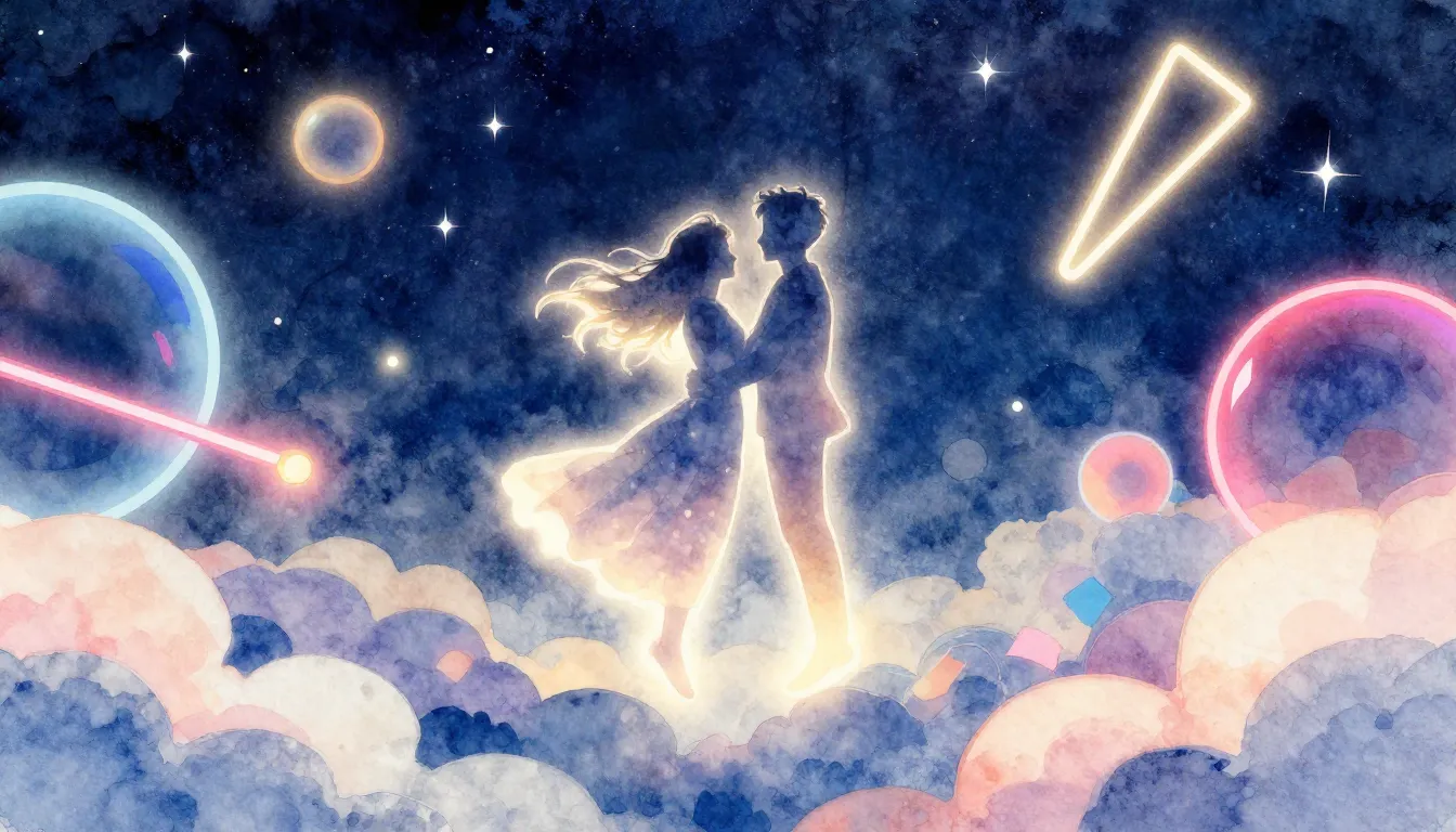 Watercolor style. A glowing silhouette of a couple floating ...