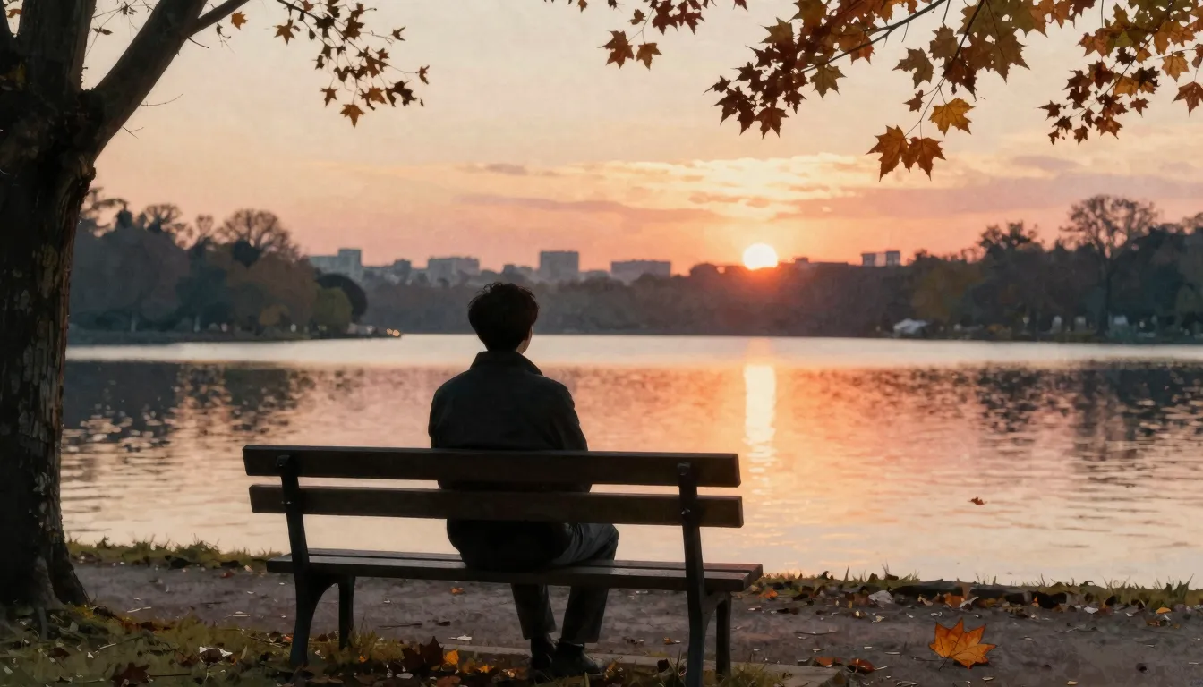 Watercolor style. A silhouette of a man sitting on a park be...
