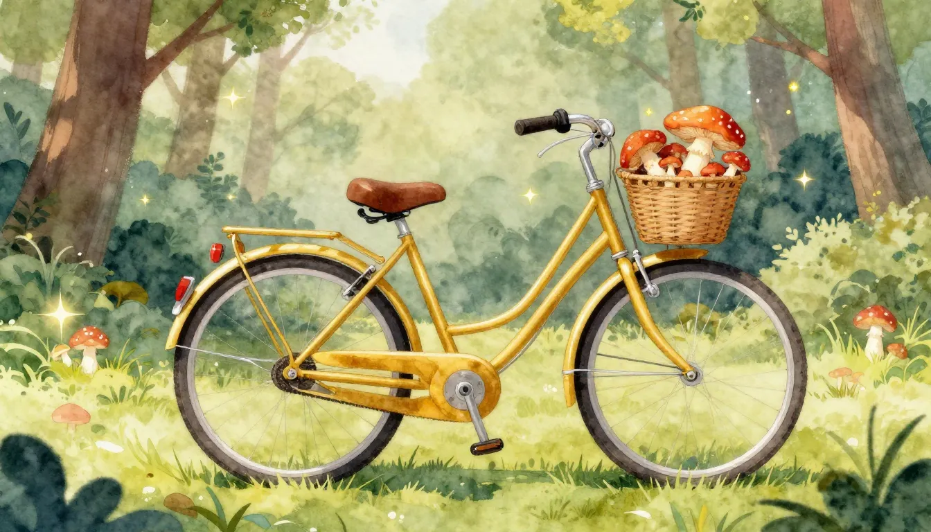 Watercolor style. A golden bicycle standing in a sunny fores...
