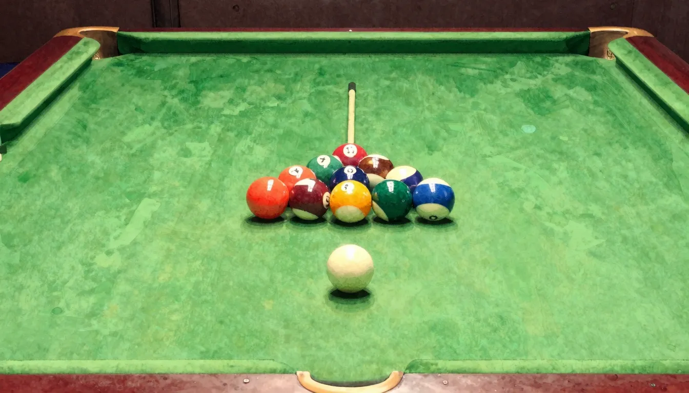 Vibrant watercolor style. Billiard table, green felt, cue st...
