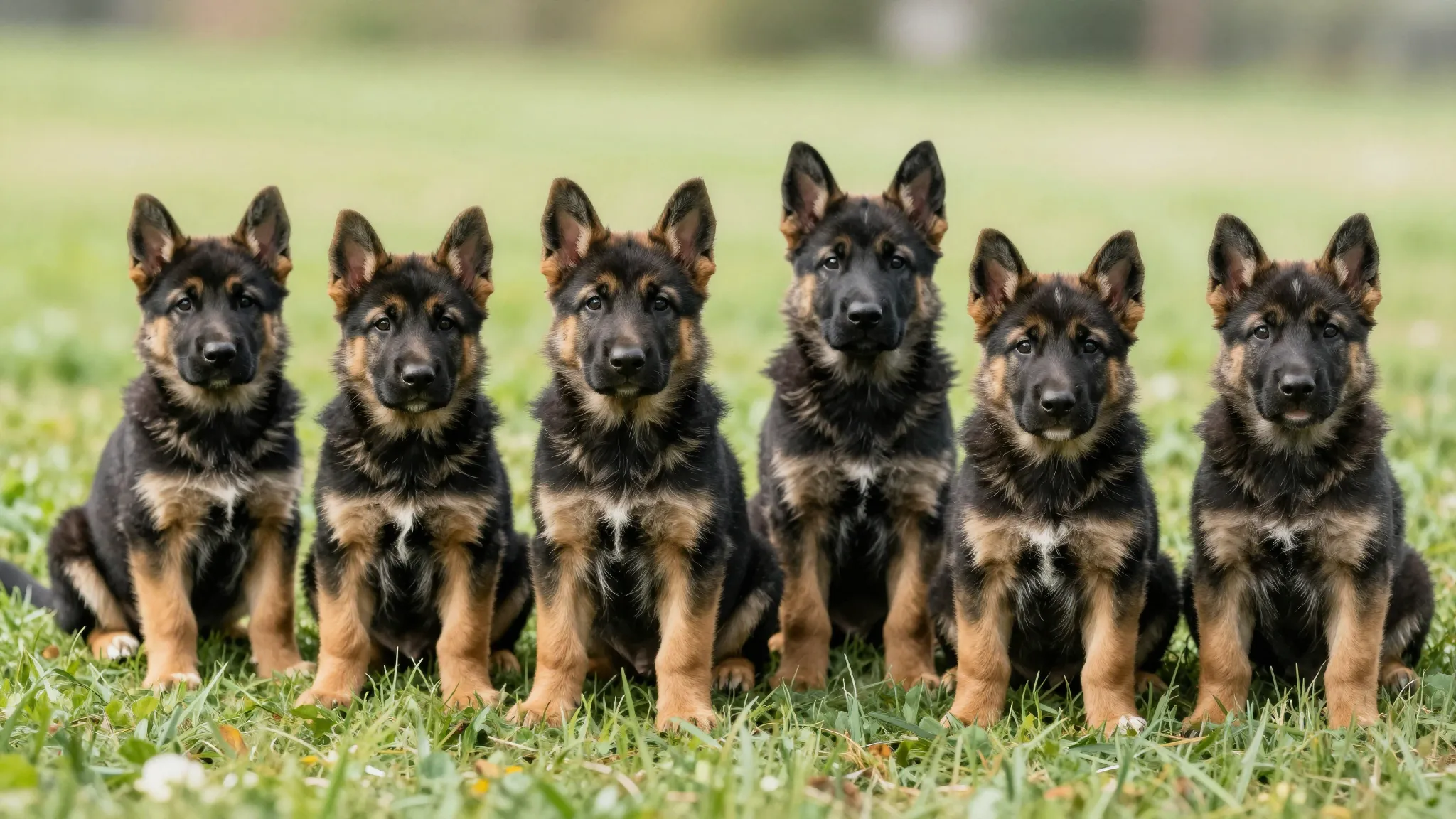 Watercolor style. A group of cute German Shepherd puppies, b...