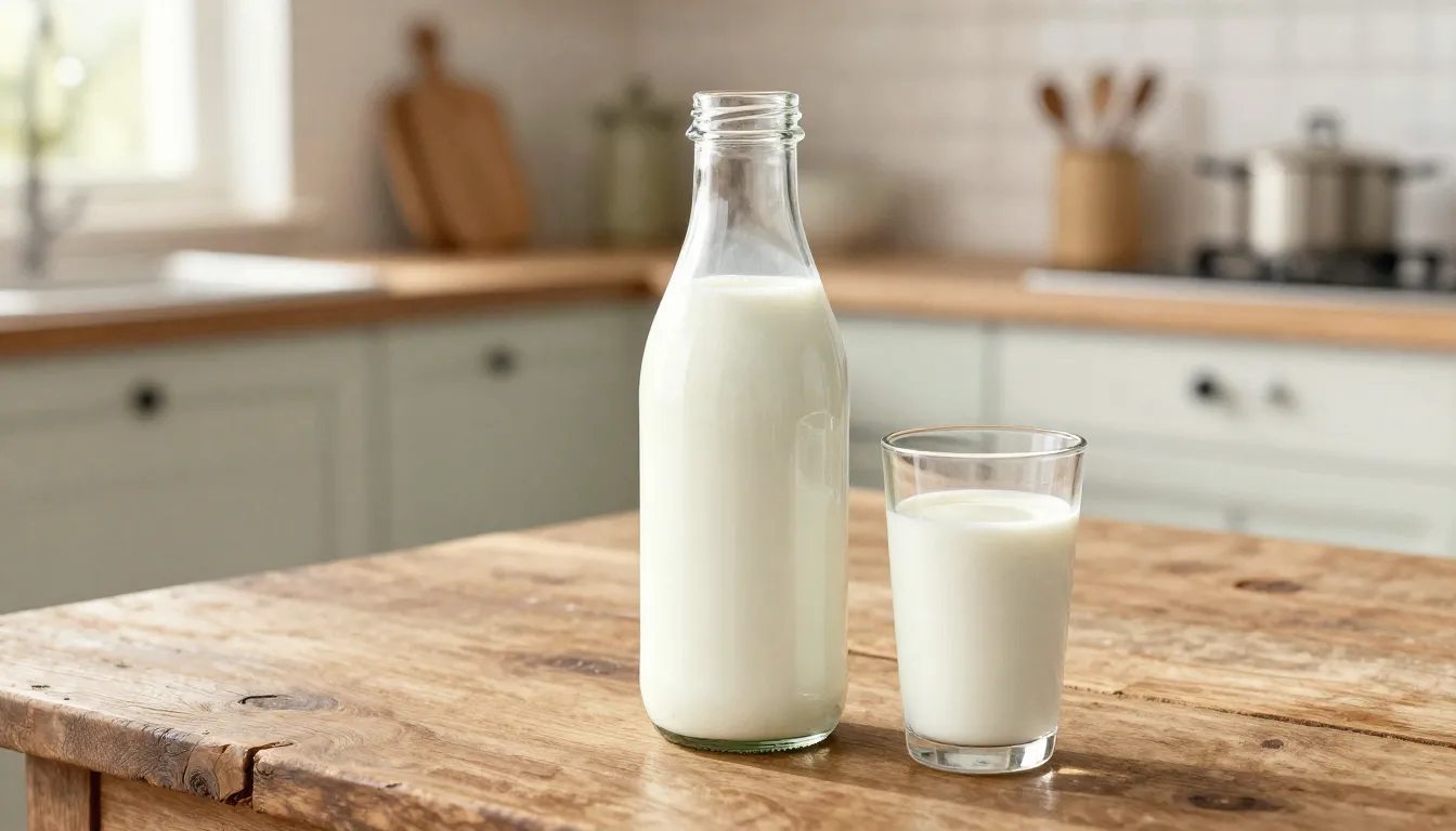 Watercolor style. A glass bottle of fresh milk on a rustic w...