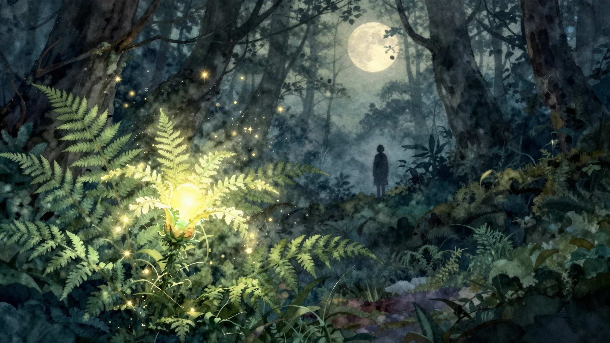 Watercolor style. A glowing magical fern flower in a dark my...