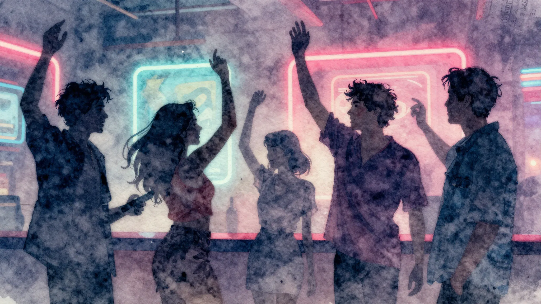Watercolor style. Silhouettes of friends celebrating in a re...