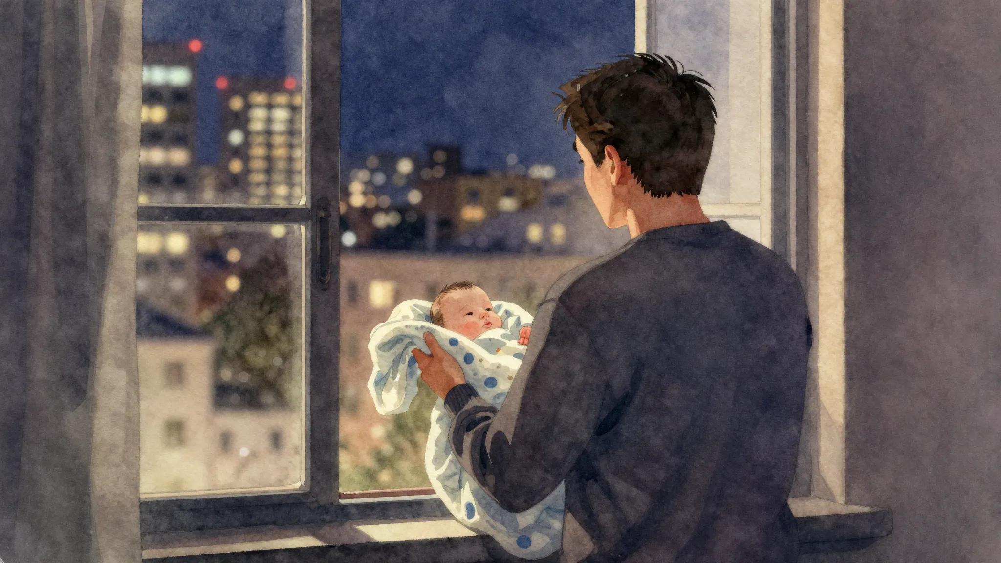 Watercolor style. A silhouette of a man looking out a window...