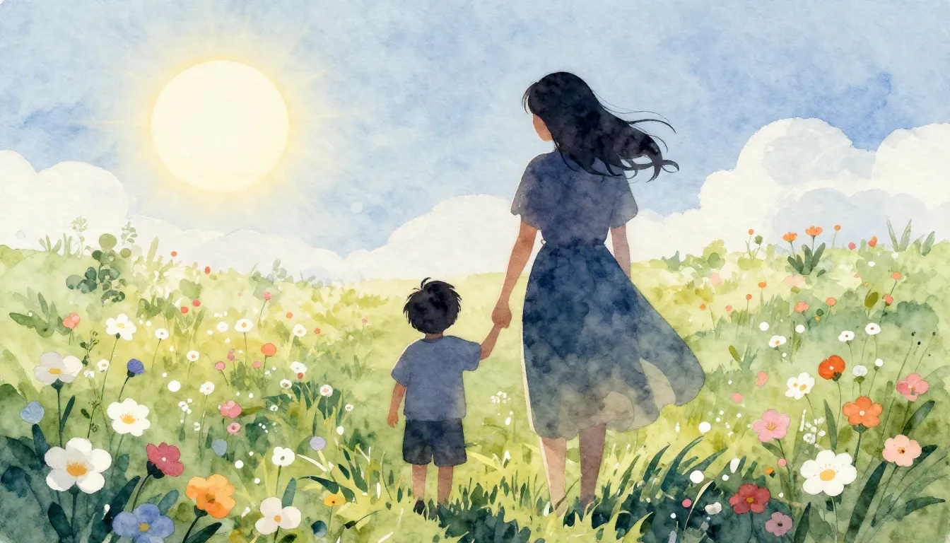 Watercolor style. Silhouette of a woman and a child holding ...