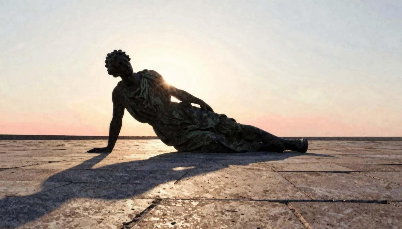 Watercolor style. A long silhouette of a tall statue falling...