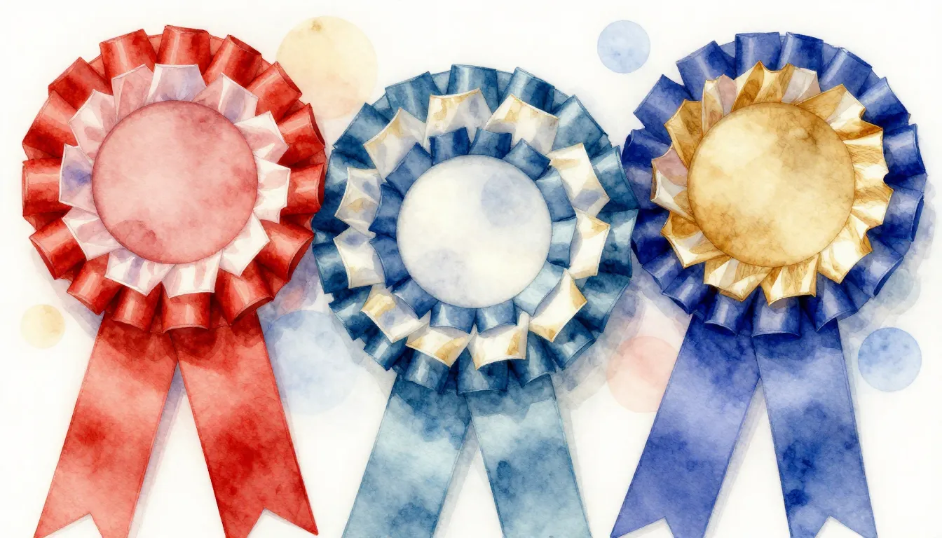 Watercolor style. Close-up of elegant award rosettes and rib...