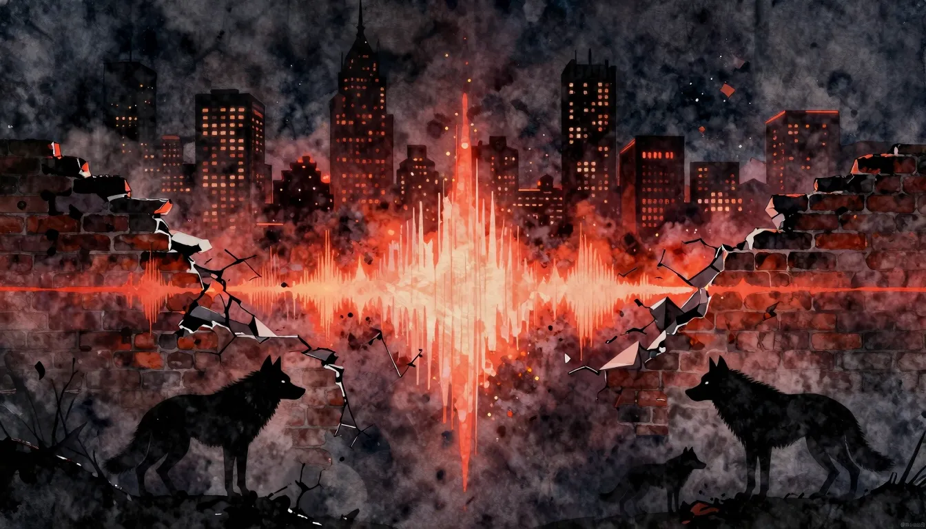 Watercolor style. Dark city skyline at night, glowing red an...