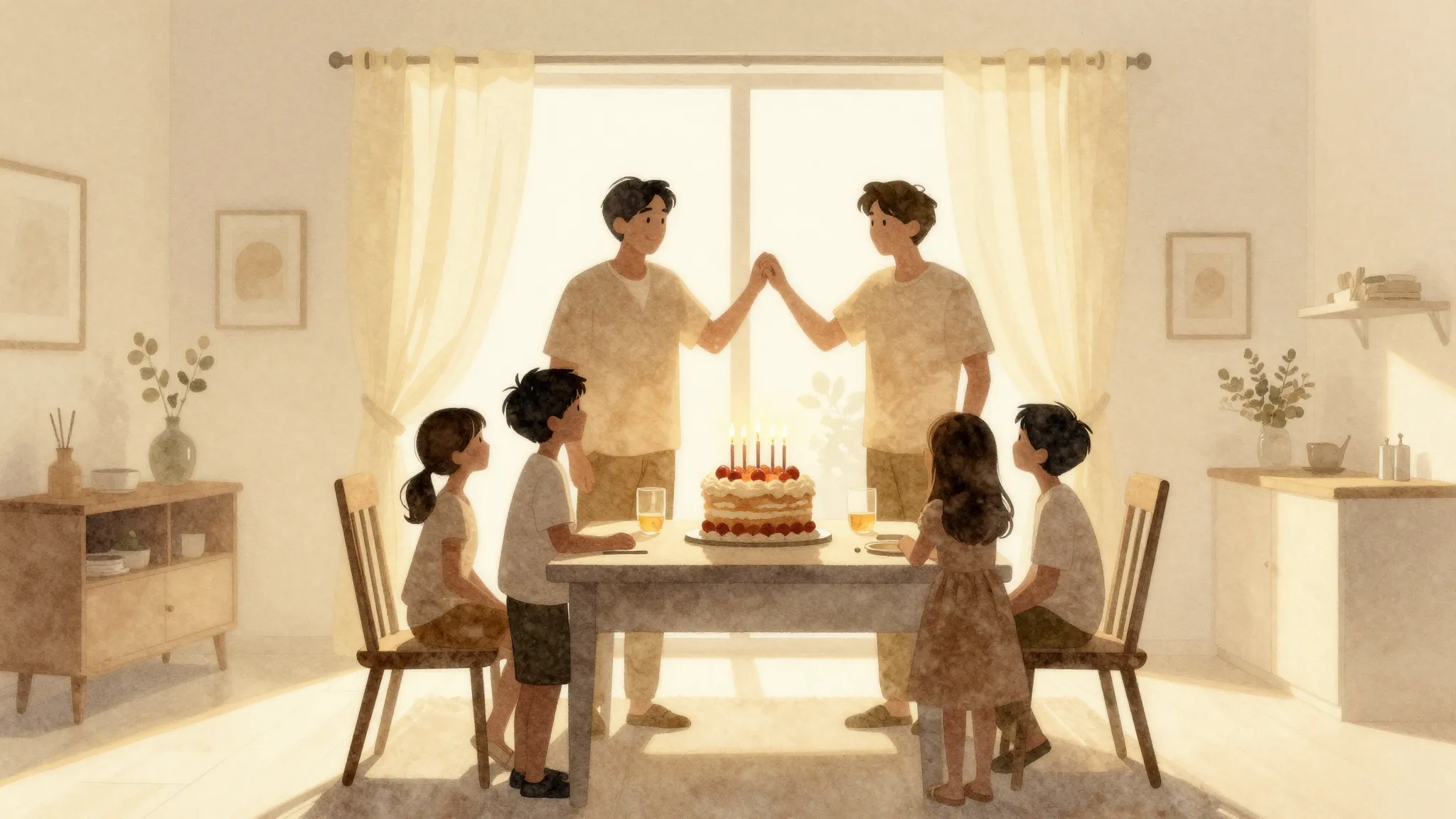 Watercolor style. A silhouette of a large happy family stand...